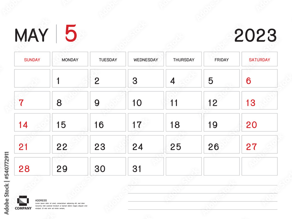 Calendar 2023 Vector- May 2023 year planner template, Desk Calendar 2023 Design, Week Start On Sunday, Planner, Stationery, Printing media, advertisement, business template Calendar 2023 Vector- May 2023 year planner template, Desk Calendar 2023 Design, Week Start On Sunday, Planner, Stationery, Printing media, advertisement, business template