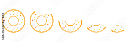Whole and mouth bite donut set. Sweet white glazed donuts collection. Vector isolated on white background.
