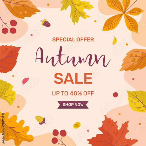 Seasonal colorful banner for the autumn sale in a frame of leaves. Autumn mood. Cartoon flat style. Vector illustration.