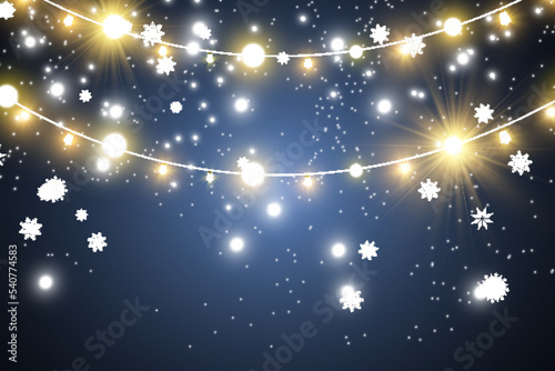 Christmas bright  beautiful lights  design elements. Glowing lights for design of Xmas greeting cards. Garlands  light Christmas decorations. 