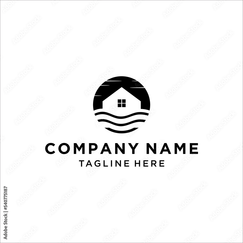 Circle water wave with house logo design vector image