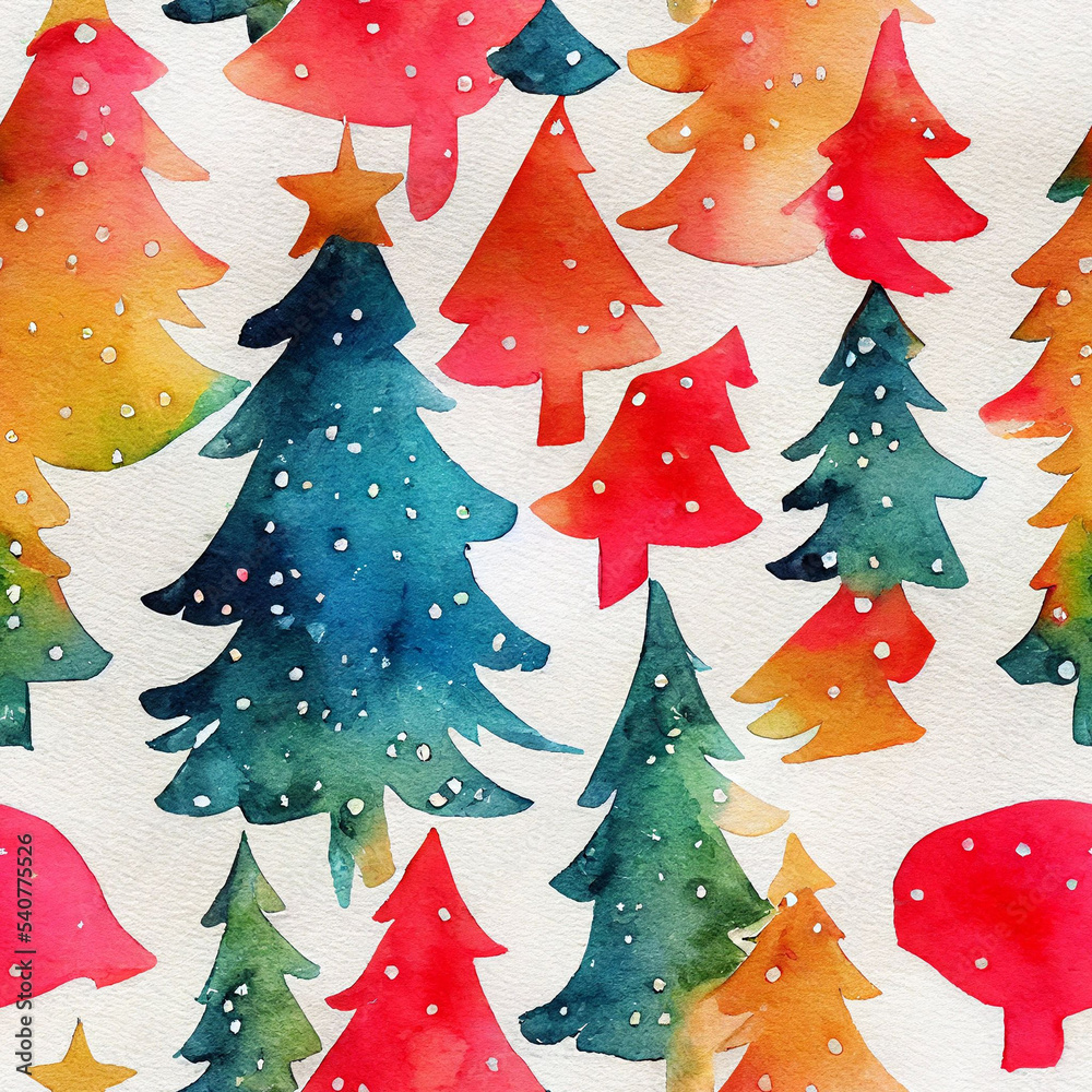watercolor christmas background, colorful pattern, new year, christmas tree decorated