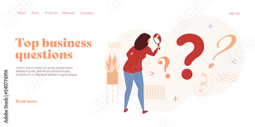 Problem solution concept in flat vector design. Woman searching for answers and looking at questions. Business female doubts and thinks. Web banner layout template