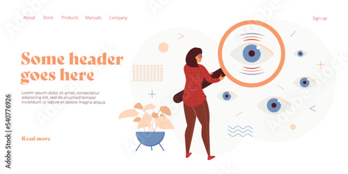 Woman looking through magnifying glass in flat vector design. Search or observe concept with female character holding magnifier. Web banner layout template