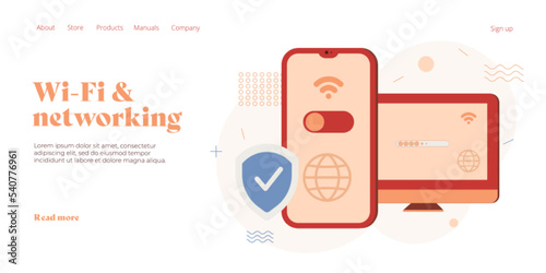 Woman turns on mobile wi-fi network in smartphone. Public wireless cellphone internet in concept in flat vector design. Web banner layout template