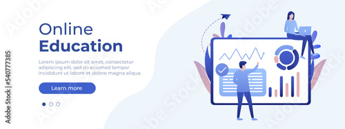 Online education concept. Vector layout for website page. Illustration in flat style with people studying remotely. Students learning online at home. Vector illustration EPS 10