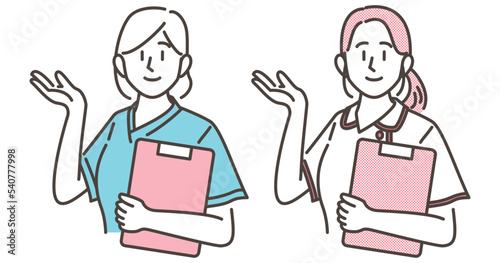 Two nurses in nurse's uniform and medical scrubs smiling and showing the way [vector illustration].