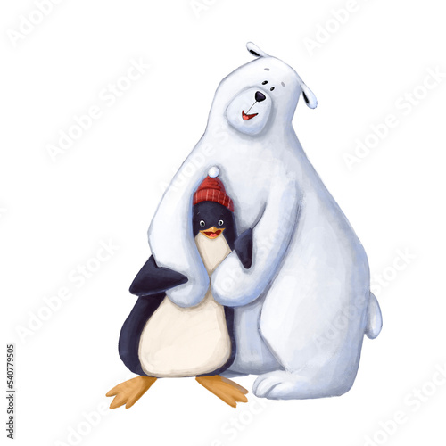 cute penguin and polar bear sweet hugs watercolor style illustration with cartoon characters good for card and print design