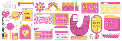 Big sticker set in trendy y2k style. Old computer aestethic. Retro pc elements, user interface. Nostalgia for 1990s -2000s. Vector illustrations.