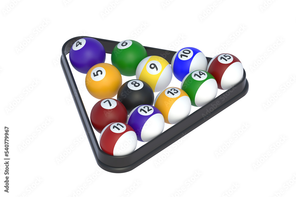 Naklejka premium Billiard balls in plastic triangle isolated on white background. Game for leisure. Sports equipment. 3d render