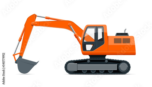 Orange crawler excavator isolated on white. Icon of excavation machine. Industrial vehicle. Vector illustration