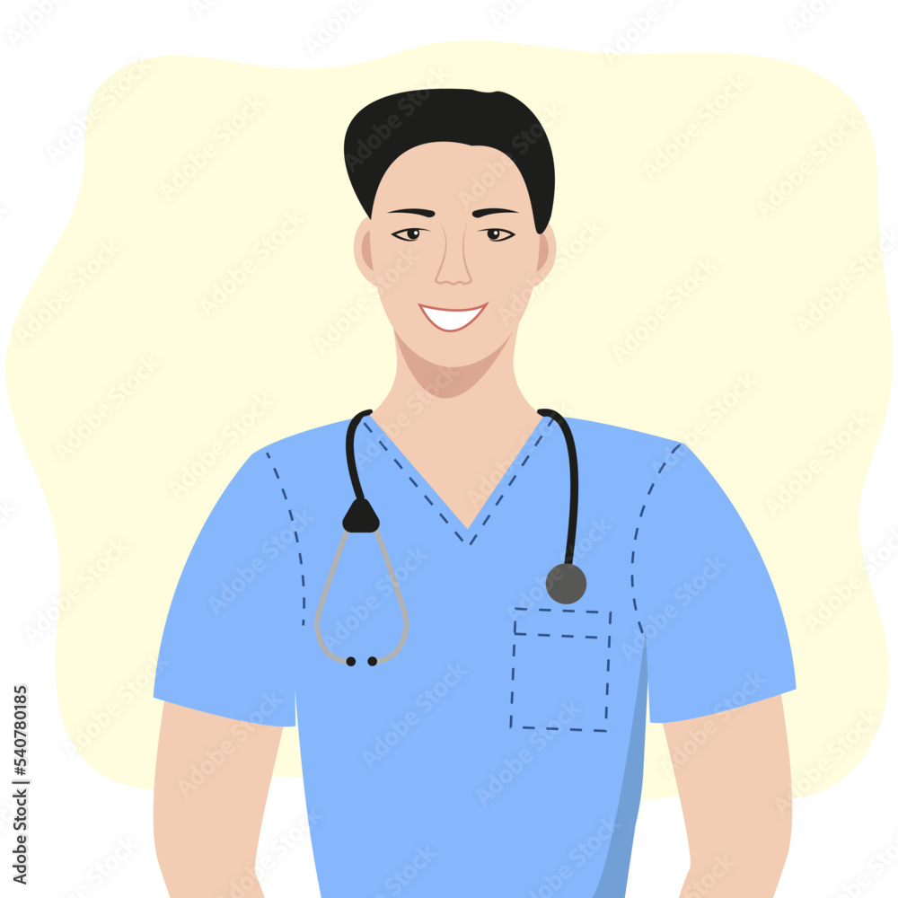 An Asian male doctor with a stethoscope. Vector illustration An Asian male doctor with a stethoscope. Vector illustration