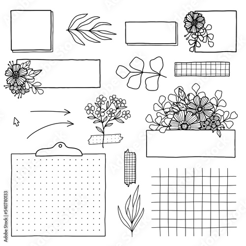 Set for a bullet journal with floral elements. Collection of drawings for a diary, weekly with flowers. A black line on a white background. photo