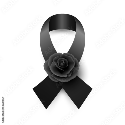 Vector Black Silk Ribbon with Black Rose. Design Template for Funeral Card, Banner, Invitation. Black Awareness Ribbon Isolated on White Background, Icon for Pray, Mourning Symbol