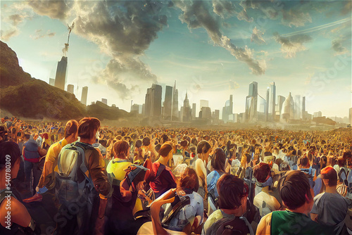 Crowd watching futuristic city