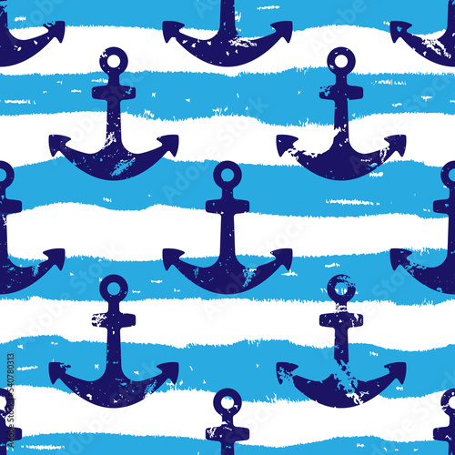 Blue ship anchors and horizontal stripes isolated on white background. Cute marine seamless pattern. Vector simple flat graphic hand drawn illustration. Texture.