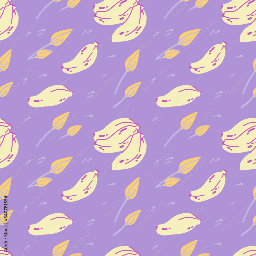 Banana pale pattern in purple and yellow colors. Flat styling.