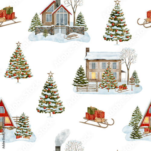 Watercolor Christmas seamless pattern with winter houses. Hand painted wood cabins with fence and snowy fir trees isolated on white. Cozy village background design for wrapping  wallpaper