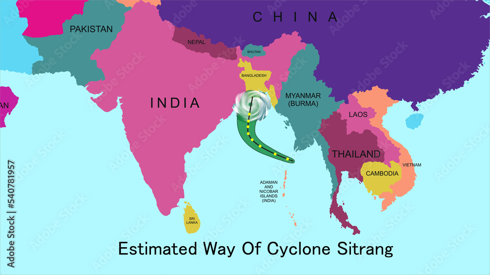 Naklejka premium estimated way of cyclone Sitrang. A strong cyclone coming to West Bengal and Bangladesh.
