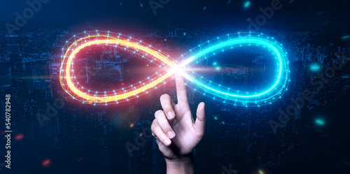 Fotografia Businessman pointing infinity symbol connection dots data technology, cyber spac