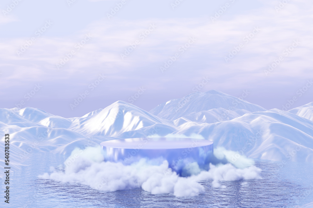 Abstact 3d render scene and Natural podium background, Podium covered cloud is floating on the sea backdrop ice snow mountain for product display advertising cosmetic beauty products or skincare