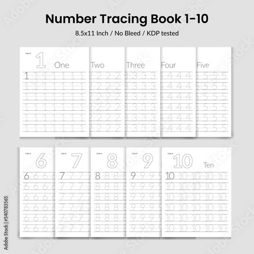 Number Tracing Book 1-10 practice worksheet.Worksheet for Kids kindergarten students.Exercises handwriting practice learning and count numbers
