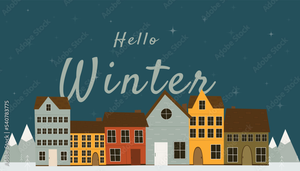 Hello winter. Colorful scandinavian houses in the snow on dark background