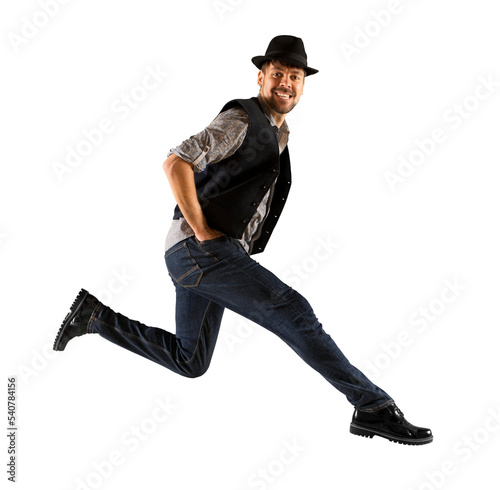 Man with black hat dancing on white background