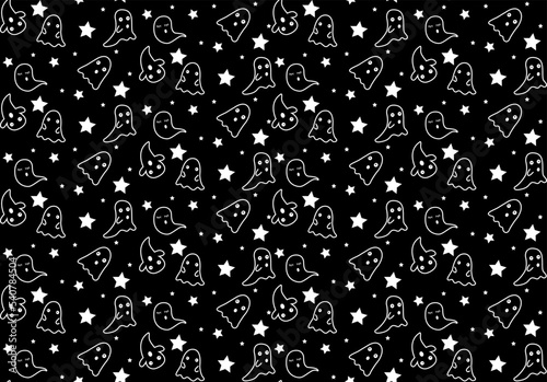 Seamless pattern of cute little cartoon ghosts on black background.