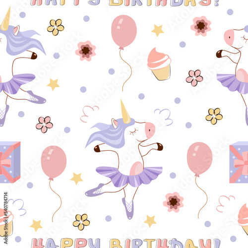 Seamless pattern children's happy birthday with a dancing unicorn