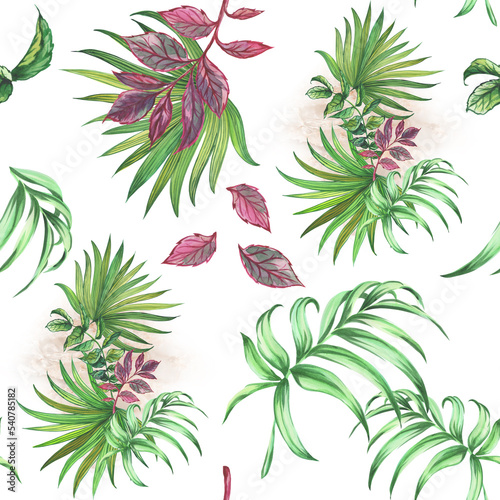 Tropical pattern in watercolor on a white background, for packaging design, wallpaper, background, textiles.