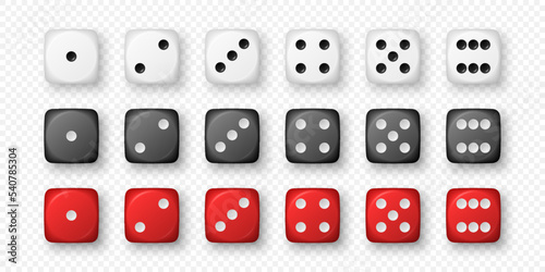 Vector 3d Realistic White, Black, Red Game Dice Icon Set Closeup Isolated. Game Cubes for Gambling, Casino Dices From One to Six Dots, Round Edges photo