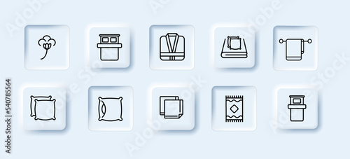 Hotel icons set. Cotton, blanket, towel, hygiene, dressing gown, washstand, napkin. Hotel concept. Neomorphism style. Vector line icon for business