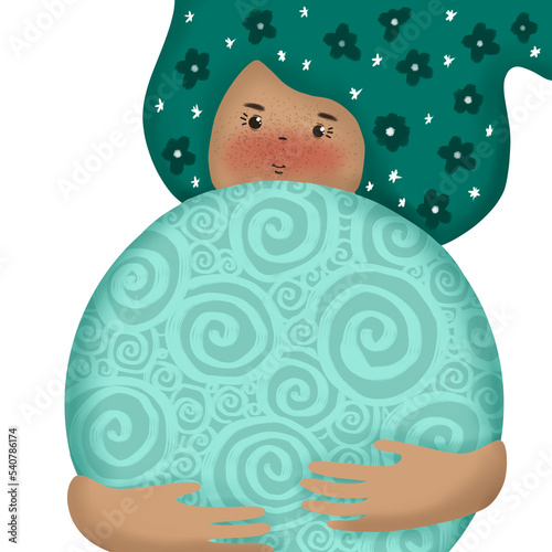 a girl with long hair holds a planet in her hands. Paper art