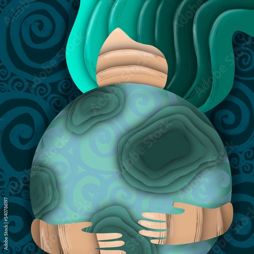 a girl with long hair holds a planet in her hands. Paper art
