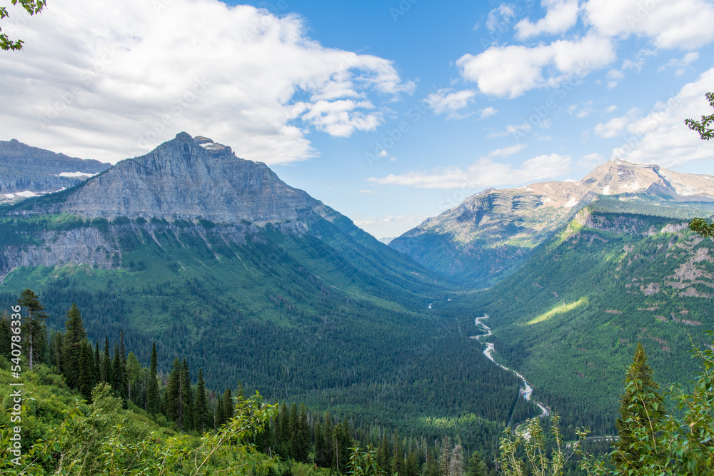 Landscape of the Logan Creek Valley and the Garden Wall with Heavens Peak in the Background from the Going-to-the-Sun-Road in Glacier National Park, Montana, USA