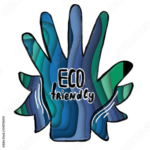 hand with text about ecology. in paper art style. in blue tones.