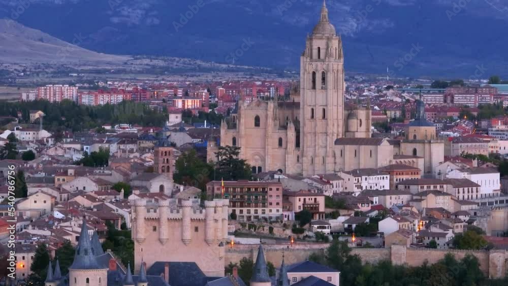 Panoramic view of the city of Segovia with the Alcazar and the Cathedral. Aerial view from a drone. Province of Segovia. Castile and Leon. Spain. Europe Panoramic view of the city of Segovia with the Alcazar and the Cathedral. Aerial view from a drone. Province of Segovia. Castile and Leon. Spain. Europe