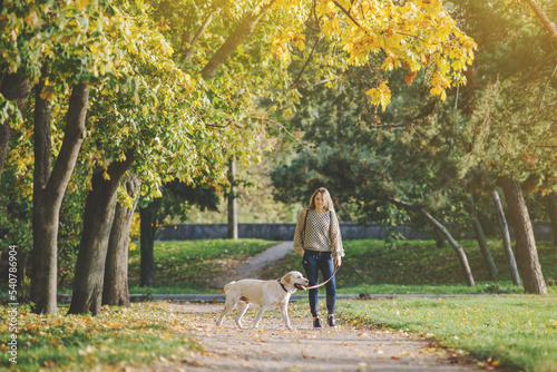 Young blonde is walking in the park with a labrador dog in the fall.