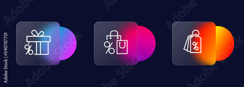 Discount icons set. Percentage, sale, holiday, coupon. Glassmorphism style. Vector line icon for business