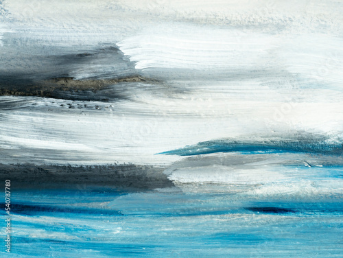 Abstract ocean landscape. Original painting. Hand drawn, impressionism style, blue color texture with copy space, brushstrokes of paint, art background.