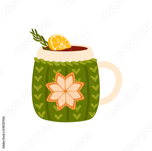 Christmas chocolate hot drink with lemon slice and rosemary branch. Vector green mug and cup of winter holiday beverage, cocoa, eggnog or coffee cocktail