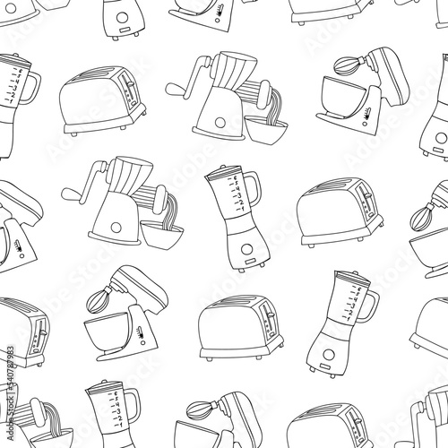 Kitchen appliances seamless doodle pattern in vector. Cooking equipments seamless pattern. Seamless pattern design with doodle electronic appliances in vector.