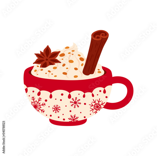 Winter holiday cartoon Christmas cup with whipped cream, cinnamon stick and anise star. Vector mug decorated by snowflakes, eggnog cocktail