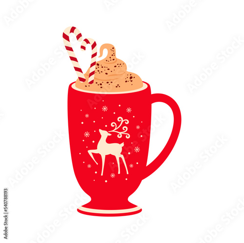 Christmas chocolate or eggnog drink with whipped cream, cup with holy dear print. Vector mug of winter holiday hot beverage, cocoa, egg nog cocktail