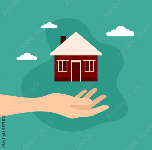 Hand holding a house on a green background. Vector illustration in flat style