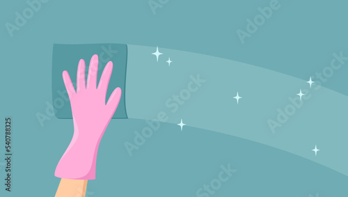 Hand in a pink rubber glove with a sponge cleaning a blue turquoise surface. Flat vector illustration