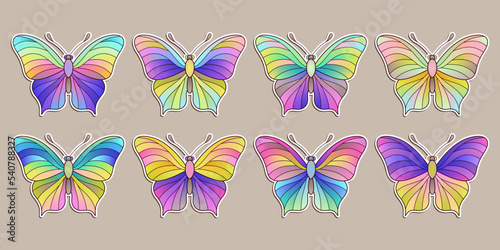 Set of Colorful Stickers Butterflies of Gradient Pastel Colors for Children's Stuffs and Baby Products.