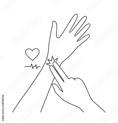 Measurement of the pulse. Two hands, heart and cardiogram in linear style on a white background. Vector illustration