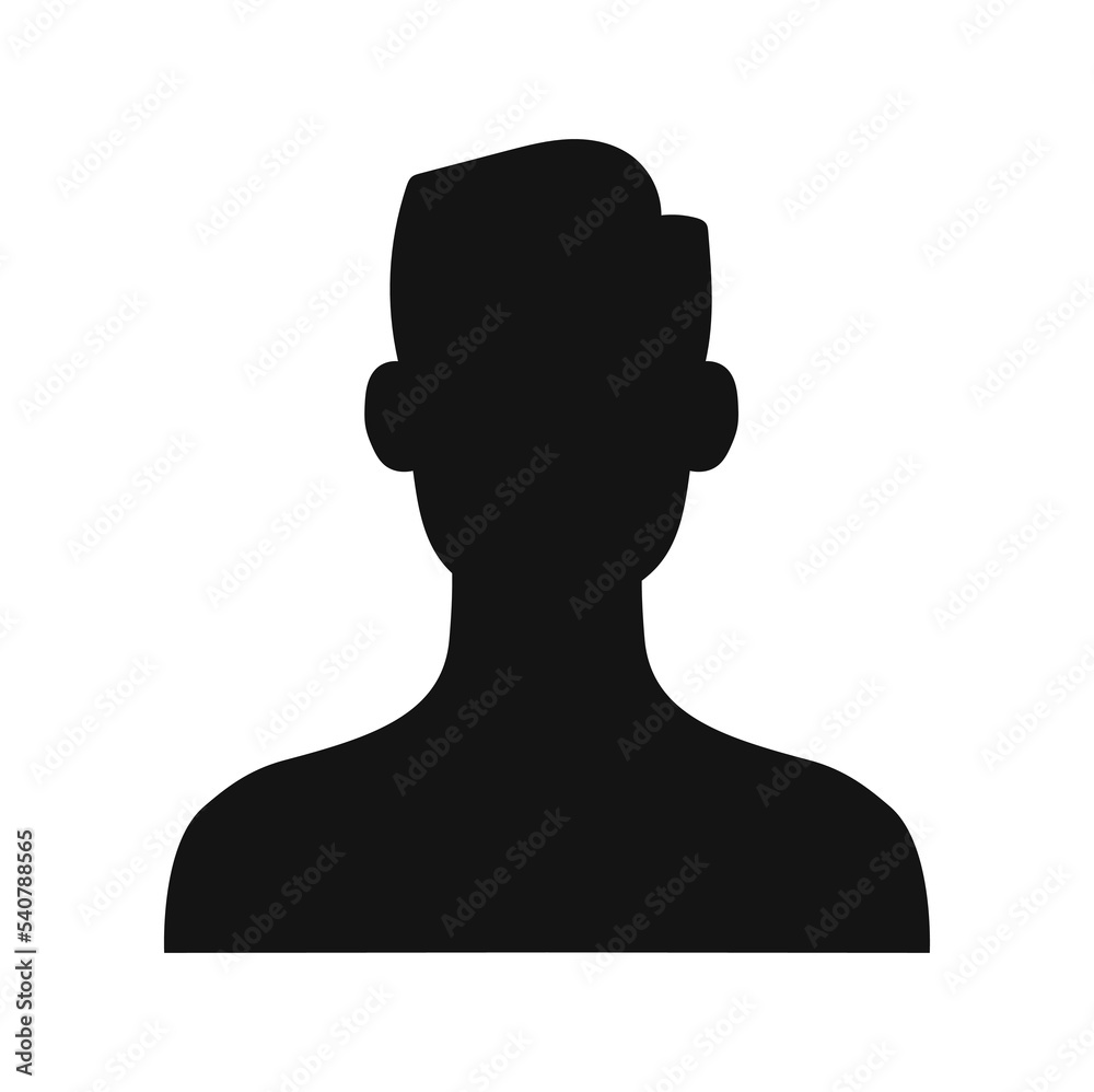 Young man with short hairstyle silhouette template. Vector caucasian faceless person head portrait, male bust. Man silhouette icon, person avatar
